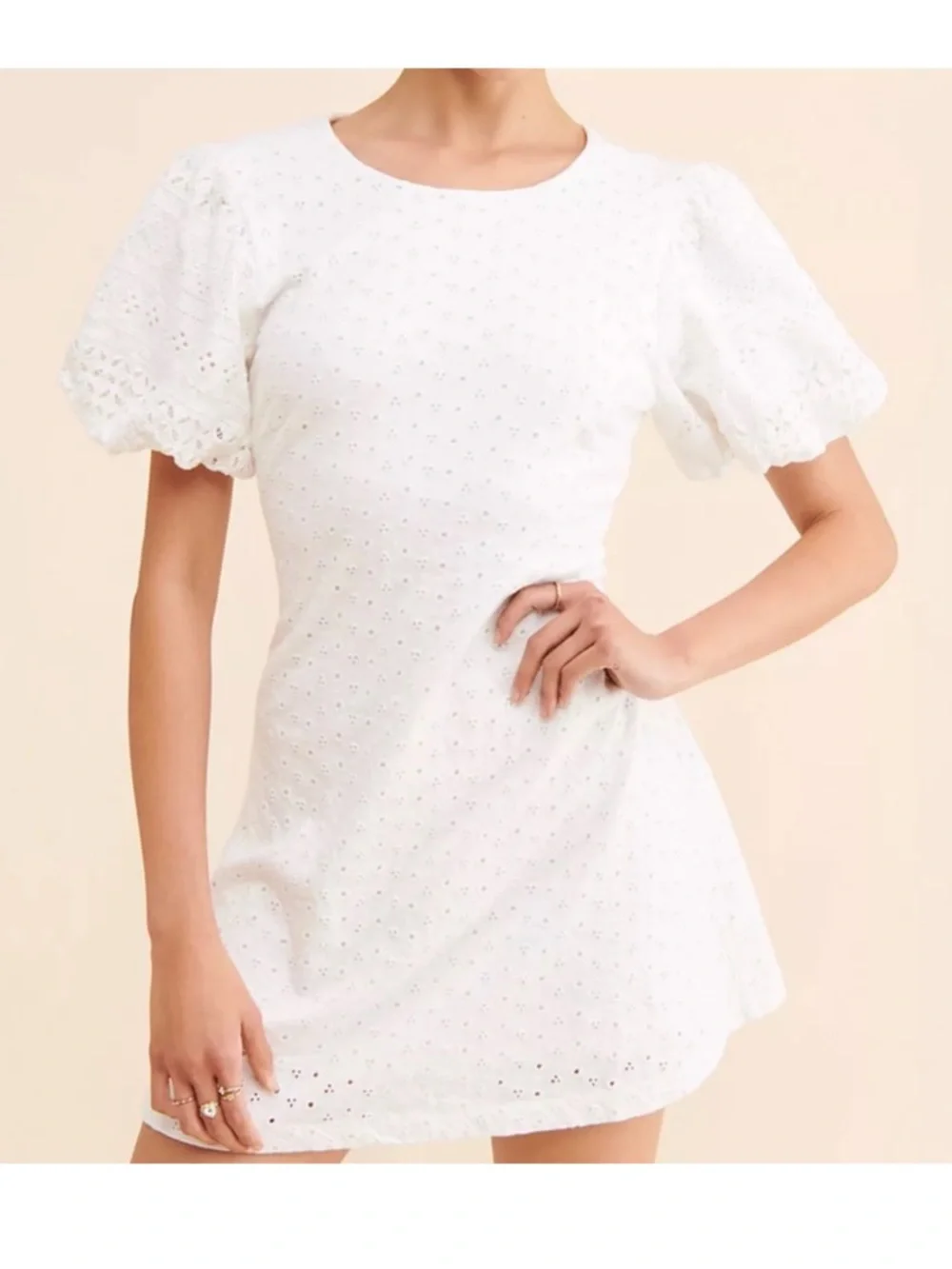 Free People Apricot Rose Mini Dress Eyelet Embroidered Lace Puff Sleeve White - Picture 11 of 11